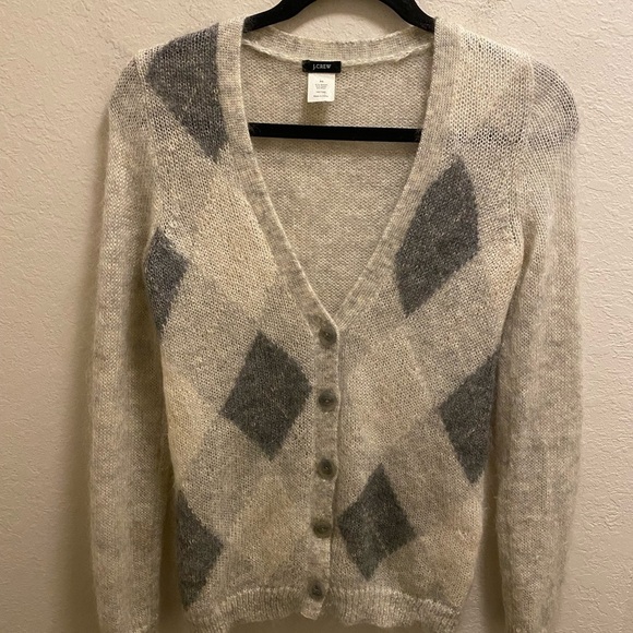 J. Crew Grey Argyle Print Mohair Nylon Wool Grandpa Style Cardigan Size XS - Picture 2 of 11
